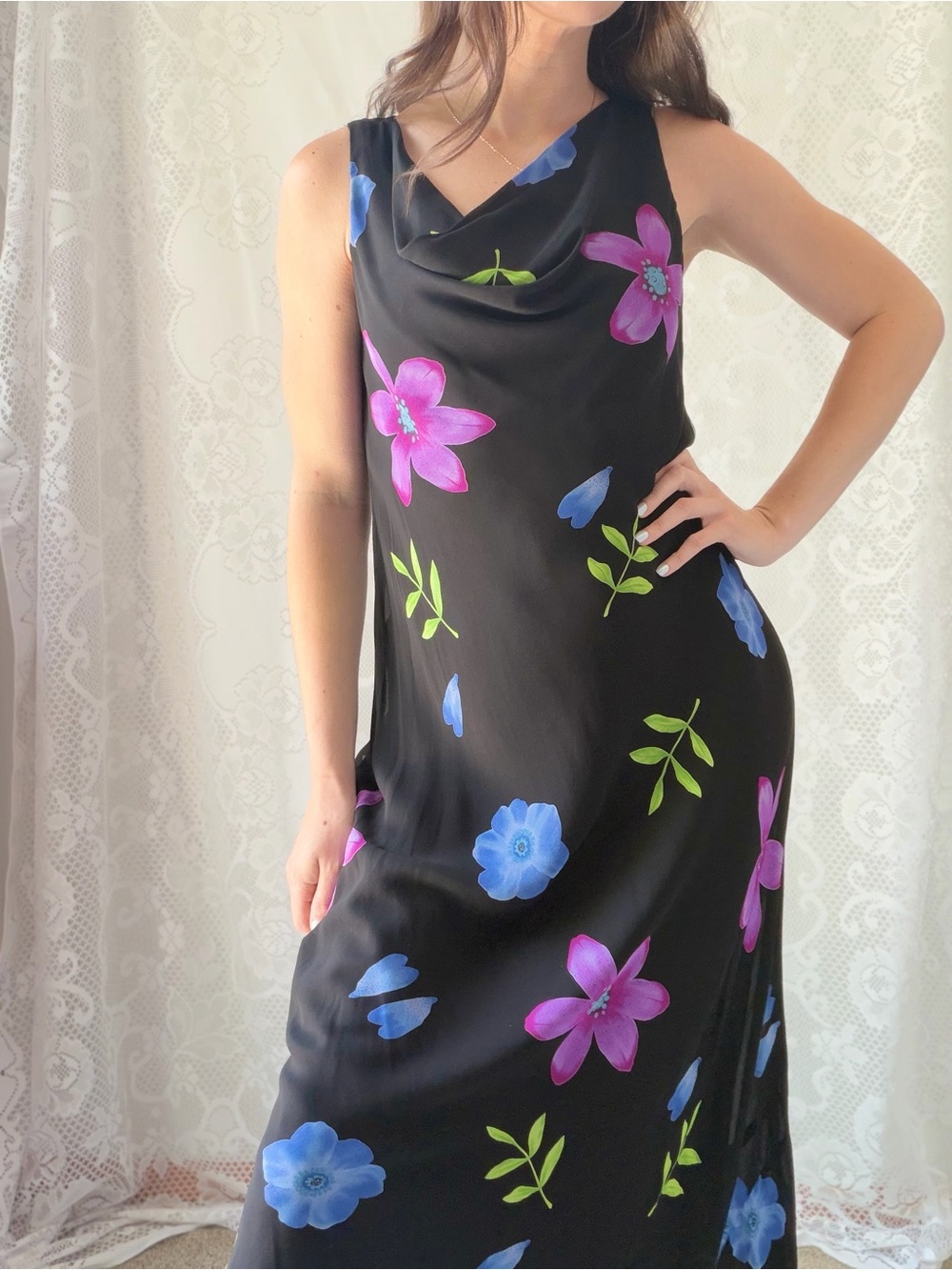 Vintage 1990s Caché Black Floral Rayon Maxi Dress Cowl Neck Sleeveless Medium - Picture 12 of 12